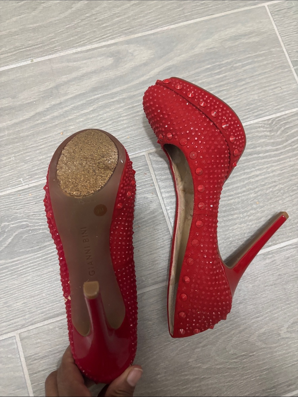 Red Studded Women's stilettos with Leopard Insole - Picture 4 of 6